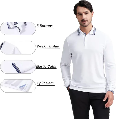 Vista 4 de Polo de piqué para hombre, manga larga, con punta de mezcla de algodón, casual, con cuello, ajuste clásico