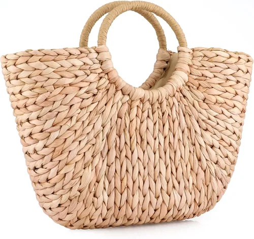 Vista 2 de EROUGE - Bolsa de paja tejida a mano con asa redonda para verano, estilo retro, para la playa, tejida