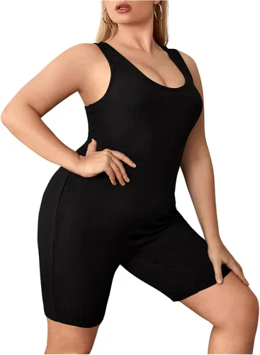 Vista 3 de OYOANGLE Mono de motociclista para mujer, talla grande, acanalado, cuello redondo, sin mangas, ajustado, leotardo