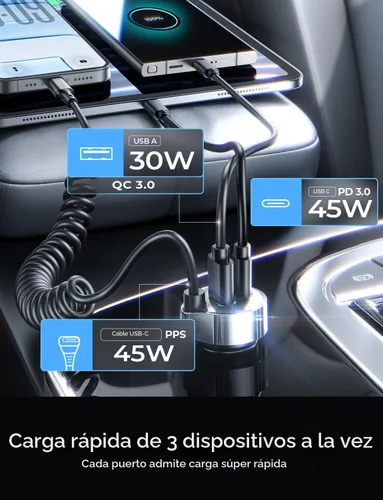 Vista 4 de LISEN - Cargador de coche con cable en espiral USB-C integrado de 36 pulgadas de 45 W, adaptador de encendedor de cigarrillos de carga rápida