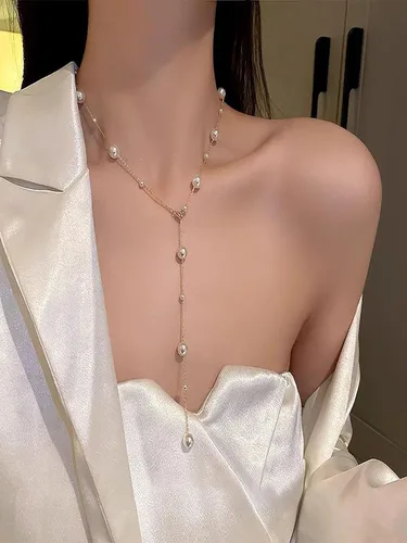 Vista 6 de Collar de Lariat negro para mujer, collar de diamantes de imitación negros, collar de cuentas boho en capas, collar de perlas de cuero, accesorios