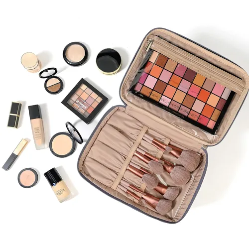 Vista 7 de NISHEL Bolsa de Maquillaje de Viaje Grande de Doble Capa para Mujeres, Estuche Cosmético, Organizador para Accesorios de Tamaño de Viaje, Botellas