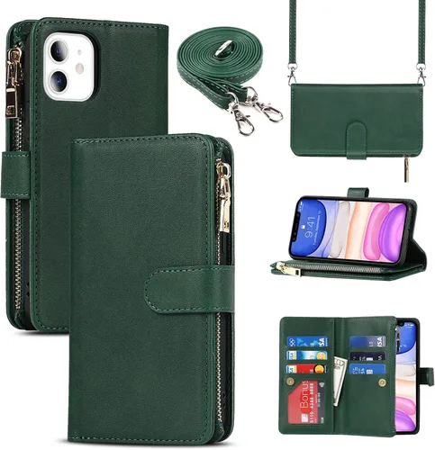 Vista 10 de Funda cruzada para iPhone 11 con correa, 6.1 pulgadas, color negro for Women Men,Credit Card Holder,9 Card Slots,Purse,Long Shoulder Lanyard,Short