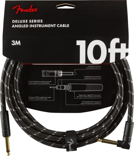 Vista 3 de Fender Cable de instrumentos de lujo de 10 pies, ángulo recto, tweed negro, paquete de 2