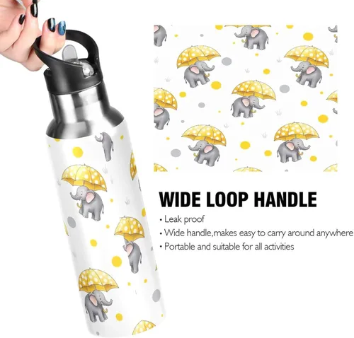 Vista 4 de Stainless Steel Water Bottle 20 Oz, BPA-Free Sports Water Bottle for Gym Outdoor Travel School, Cute Elephants Yellow Umbrellas