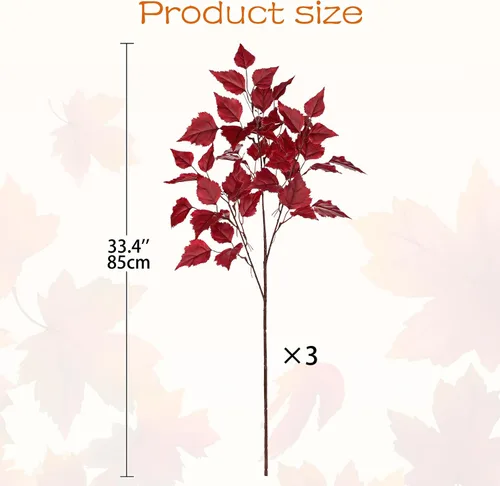 Vista 2 de Hollyone 3 hojas de abedul artificiales de otoño con tallos de seda de 33 pulgadas, ramas de hojas de otoño de color burdeos sintético, decoración