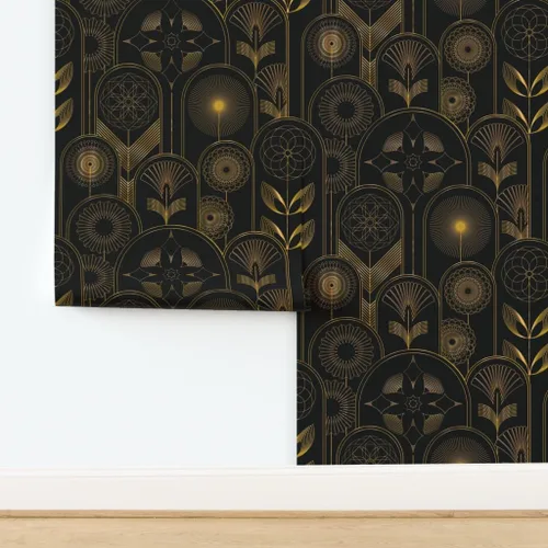 Vista 4 de Spoonflower Papel tapiz para despegar y pegar, diseño de flores Art Deco de los años 20, flores negras, geométricas, oscuras, papel tapiz extraíble