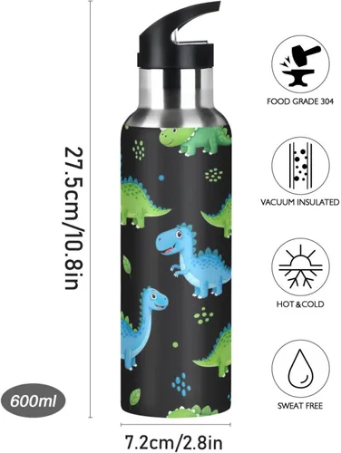 Vista 9 de Insulated Stainless Steel Water Bottle with Straw 20 Oz, Leakproof Water Bottles for Gym Outdoor Travel School, Cartoon Dinosaurs Dot Black