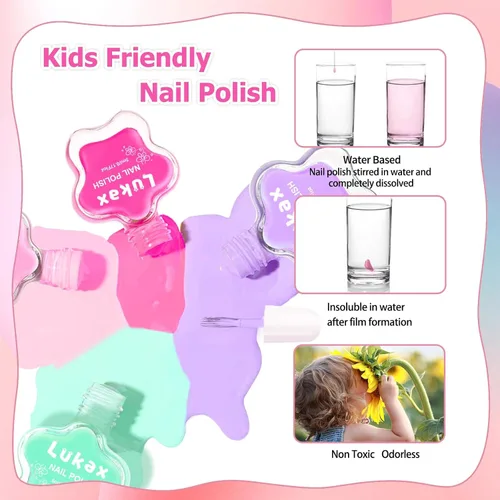 Vista 5 de Lukax Juego de esmaltes de uñas para niñas – 6 colores no tóxicos seguros para niños pequeños, a base de agua, despegar y quitar poco olor, kit
