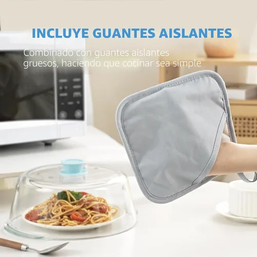 Vista 4 de Tapa alta de vidrio para microondas contra salpicaduras para alimentos con orificio de ventilación 100% segura para alimentos, tapa protectora
