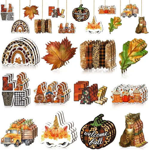 Vista 7 de FairySandy 36 piezas de decoración y adornos de árbol de otoño, gnomos de Acción de Gracias, adornos colgantes de madera, calabazas, hojas, flores