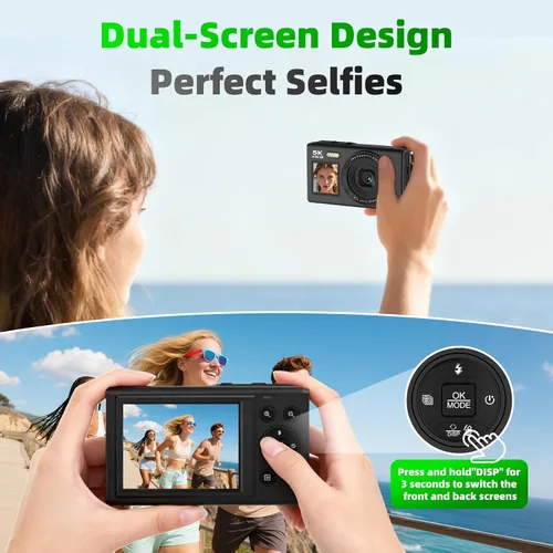 Vista 2 de Cámaras digitales 5K 80MP para fotografía con trípode 2 baterías 64GB Dual Screen Autofocus Vlogging Camera for YouTube,Compact Point and Shoot