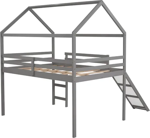 Vista 6 de Harper & Bright Designs Cama alta de tamaño matrimonial con tobogán, cama alta de madera, marco de cama tipo loft con techo y barandilla, cama alta