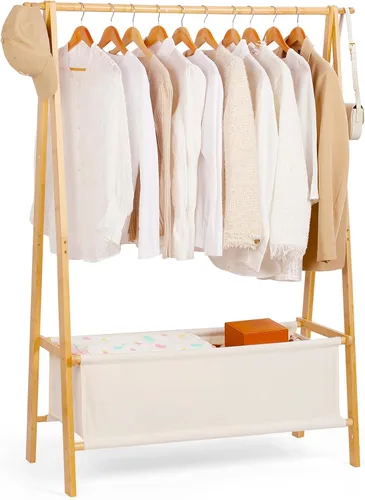 Vista 7 de Perchero de bambú con caja de almacenamiento, perchero portátil extra grande, armario plegable para entrada y habitación de cama (S)