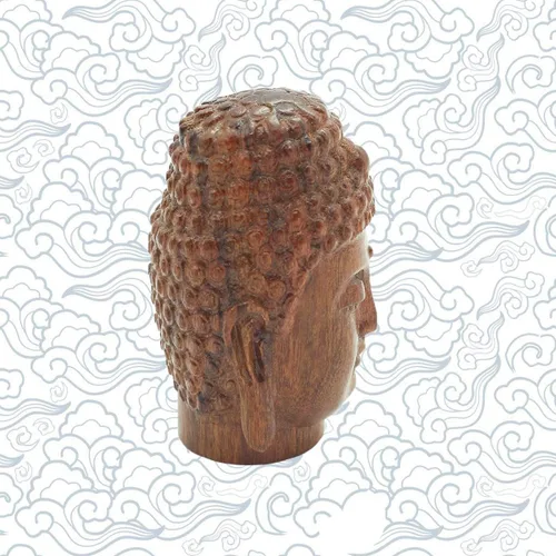 Vista 3 de Estatua de cabeza de Shakyamuni de Buda sonriente meditante, hecha a mano, de madera, anhelada a mano, decoración de buena suerte, regalo
