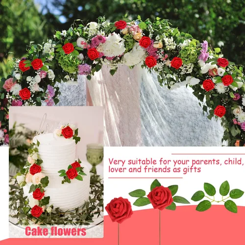 Vista 10 de LOKIPA 50 rosas artificiales, 50 unidades de rosas rojas de espuma de aspecto real, rosas artificiales con tallos para decoración de ramos de boda