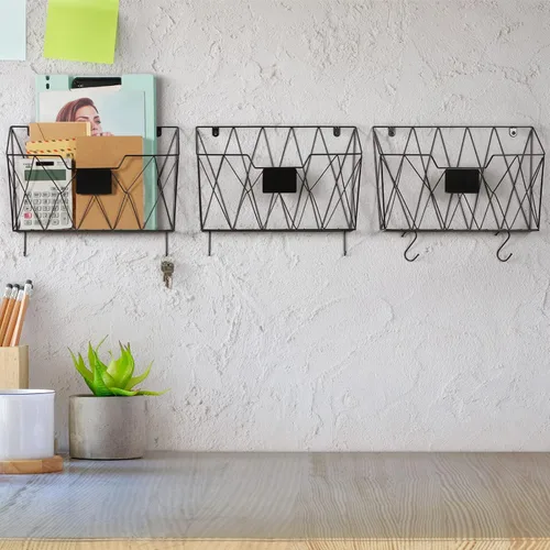 Vista 5 de OYEAL Organizador de archivos de pared colgante de metal, 3 bolsillos, organizador de correo montado en la pared con ganchos para oficina y hogar