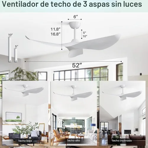 Vista 2 de CACI Mall Ventilador de techo blanco de 52 pulgadas, sin luz, moderno, control remoto, perfil bajo, ventilador de techo de 3 aspas con motor CC
