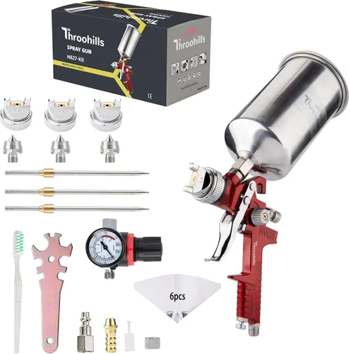 Vista 9 de HVLP - Pistola pulverizadora de pintura automotriz, pulverizador de pintura de aire de 0.05/0.06 pulgadas con regulador de aire, 6 coladores