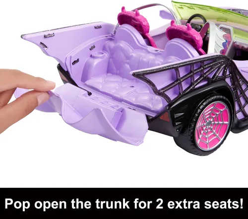 Vista 3 de Coche de juguete Monster High, vehículo Ghoul con accesorios para mascotas y enfriadores, convertible púrpura con detalles de telaraña