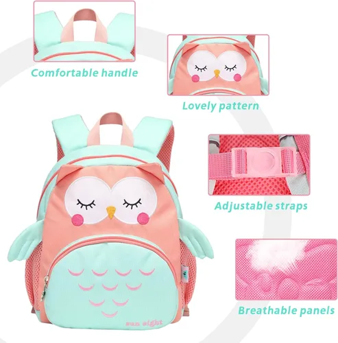 Vista 7 de Tanou Mochila para niños y niñas mochila para niños de 11 pulgadas para preescolar mochila escolar para niños pequeños de 1 a 3 años Verde Green Owl