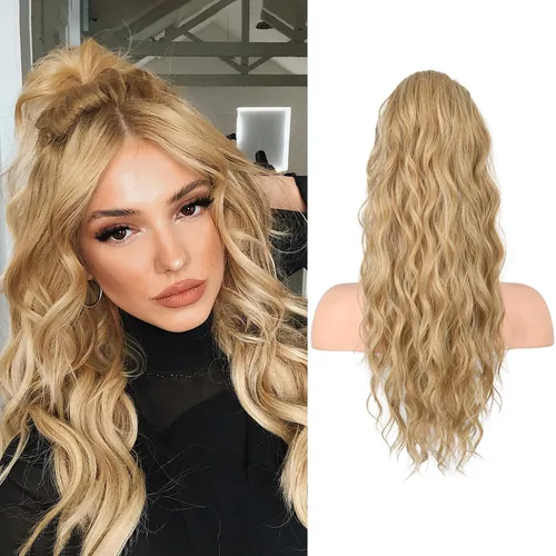 Vista 18 de FLUFYMOOZ Extensión de cola de caballo de 22 pulgadas, extensiones de cabello sintético ondulado largo y rizado para mujer