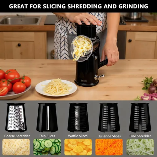 Vista 5 de Rallador de queso giratorio con asa, incluye 5 cuchillas de acero inoxidable y cuenta con una base de succión fuerte, fácil de limpiar, trituradora