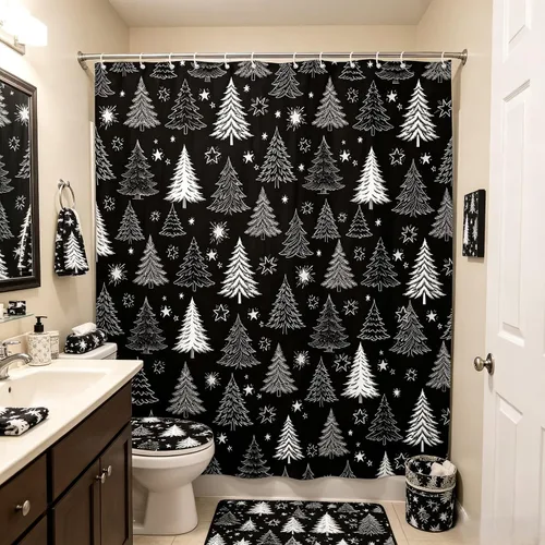Vista 4 de Cortina de ducha con diseño de árbol de Navidad, color negro y blanco, diseño de árbol de Navidad retro, copo de nieve, diseño de pino de Año Nuevo