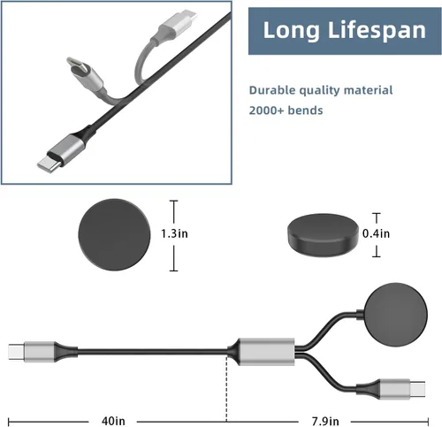 Vista 6 de Cable de carga USB C 2 en 1 para Samsung Galaxy Watch 8/8 Classic/7/FE/Ultra/6/6 Classic/5/5 Pro/4/4 classic/3/Active 2/Active y Galaxy