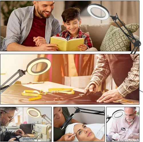 Vista 8 de Lámpara de aumento con abrazadera, 8 lámparas de lupa, 3 colores y 10 brillantes, lámpara LED de lupa ajustable de 19 pulgadas, lámpara de brazo