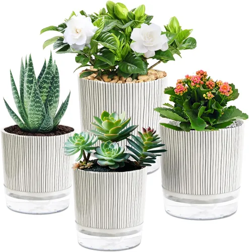 Vista 18 de Macetas de riego automático para plantas de interior, macetas, maceta de riego automático, 2 piezas de 4 + 5.3 pulgadas, rayas negras