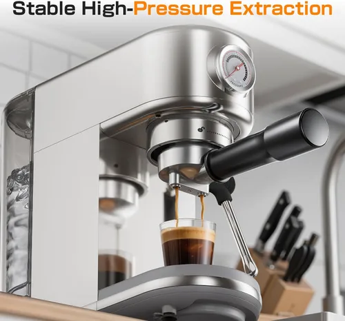 Vista 5 de Atatix Máquina de Café Espresso Mejorada, Cafetera Espresso Compacta de 20 Bares con Espumador de Leche, Cafetera de Acero Inoxidable con Tanque
