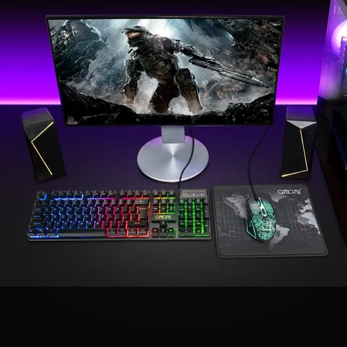 Vista 8 de Combo de teclado y mouse para juegos con cable LED con teclado de personajes emisores 4800DPI 2 botones laterales USB Mouse Rainbow Retroiluminado