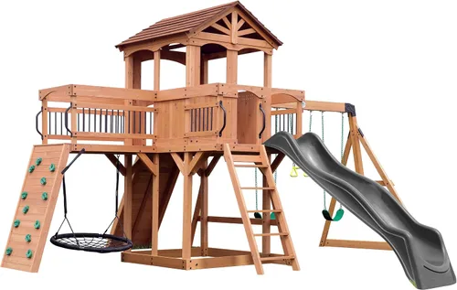 Vista 11 de Juego de columpios Backyard Discovery Sterling Point con tobogán de ola, casa de juegos elevada, puente de madera, pared de roca, columpios
