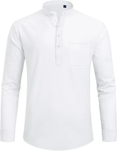 Vista 4 de J.VER Camisa de lino para hombre, de manga larga, de algodón, casual, para playa, Henley, cuello de banda, con bolsillo