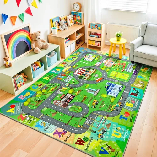Vista 2 de Chicrug Alfombra de carretera de automóvil de 3 x 5 para niños, sala de juegos, dormitorio, antideslizante, de pelo bajo, lavable, alfombra