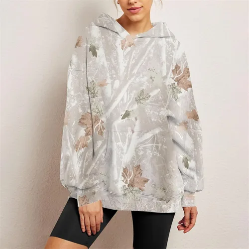 Vista 4 de Jielayou Sudadera de gran tamaño con capucha de camuflaje para mujer, con estampado de hojas de arce, sudadera con capucha de forro polar