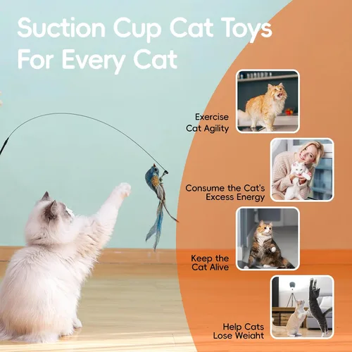 Vista 5 de Juego de juguetes interactivos de simulación de plumas de gato, varita retráctil para gatos, base de ventosas, incluye 7 piezas desmontables