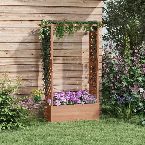 Vista 2 de Outsunny - Macetero de jardín elevado con enrejado arqueado para plantas trepadoras de enredadera, flores colgantes, macetero de madera