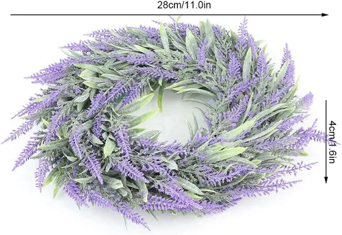 Vista 3 de Buachois Corona de lavanda artificial de 11 pulgadas para puerta delantera, corona de flores moradas con hojas verdes, corona de granja