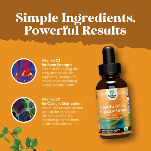 Vista 3 de Natures Craft Gotas Líquidas de Vitamina D3 con K2 para Adultos - Gotas Orgánicas 2000UI por Porción Vegano Apoyo Óseo Músculo Corazón y Sistema