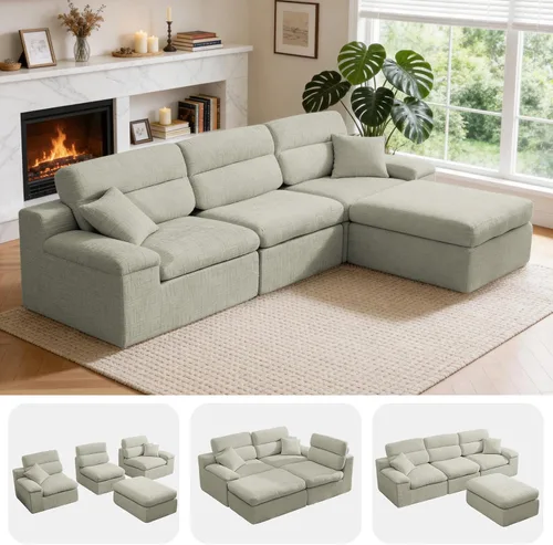 Vista 8 de Sofá modular en forma de L de 114 pulgadas con diván, sofá de pana sin hueso con otomana móvil, sofás de asiento profundo para sala de estar, sin