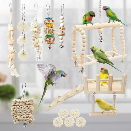 Vista 8 de Hamiledyi 13 piezas de juguetes para loros con columpio, mordedores, perchas para pájaros, plataforma con escalera de escalada y accesorios