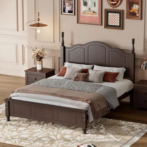 Vista 3 de MERITLINE Base de cama de plataforma de tamaño matrimonial con cabecero, base de madera maciza con soporte de listones de madera, no necesita