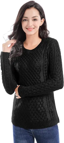 Vista 2 de v28 - Suéter elástico de punto trenzado con cuello redondo y manga larga para mujer