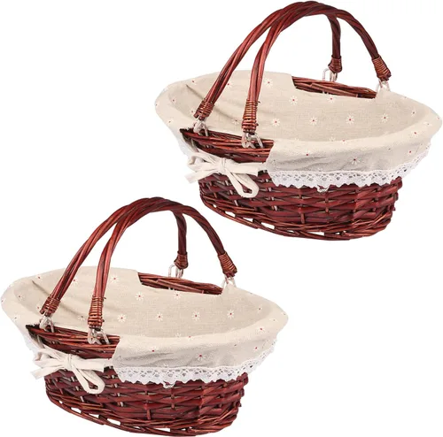 Vista 10 de Cesta grande multiusos de mimbre con asa, 14.2 x 11 x 6.7 pulgadas Cesta de mimbre para picnic con forro, Cesta de regalo vacía, Cesta ovalada