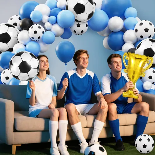 Vista 6 de Kit de arco de guirnalda de globos de fútbol, 103 globos de 18, 12, 10 y 5 pulgadas, globos de copa de fútbol azul y blanco con globos de papel