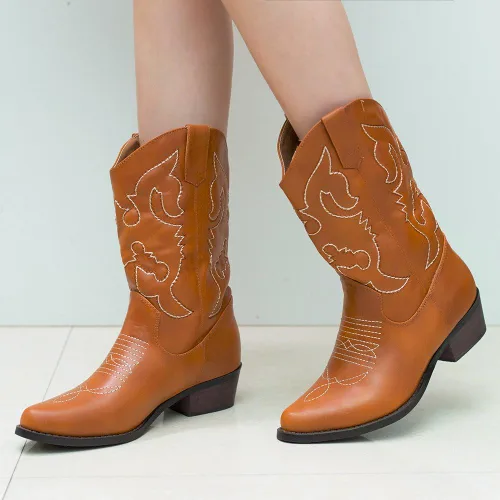 Vista 5 de SheSole Botas vaqueras blancas para mujer, diseño floral occidental, botas vaqueras de pantorrilla ancha
