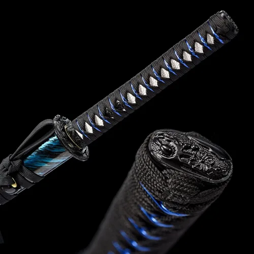 Vista 5 de OYZ Espada katana azul japonesa auténtica, espada completa, práctica, funcional, acero de alto carbono 1060, Hademade templada por calor, forjada a