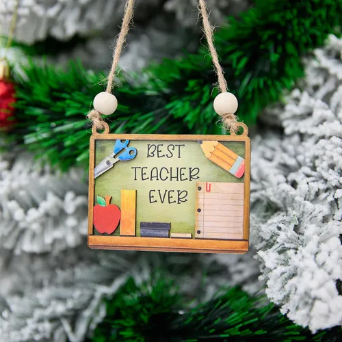 Vista 3 de Mejor Adorno de Tiza para Profesor 4 Pulgadas – Adorno Colgante de Madera en Capas, Suministros Escolares, Decoración, Regalo para Educador